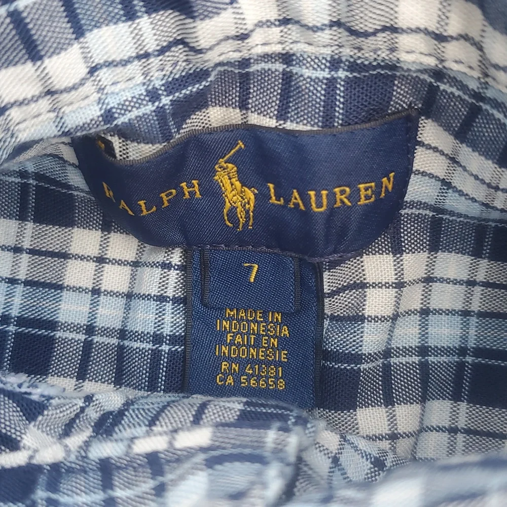 Ralph Lauren Button Front Plaid Boys Top Youth 7 Blues White